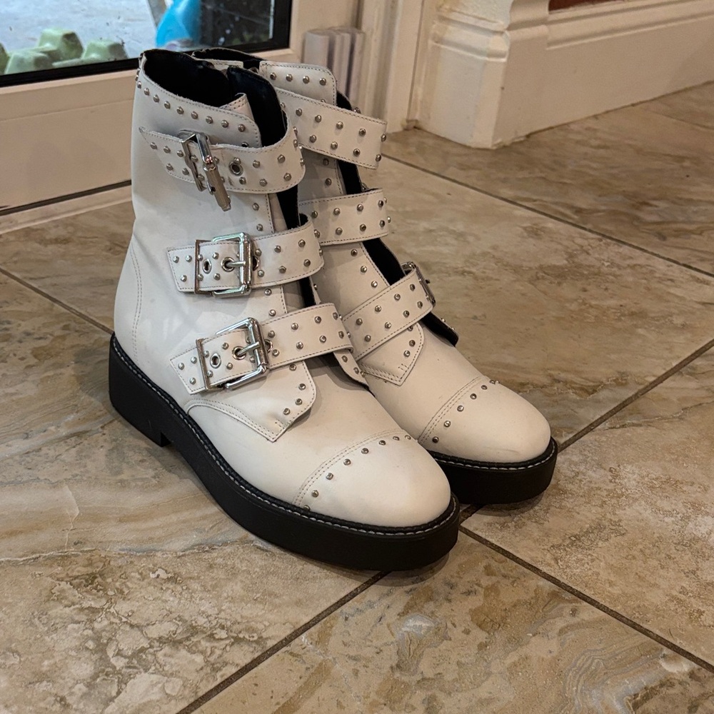 SCHUTZ White Studded Combat Boots